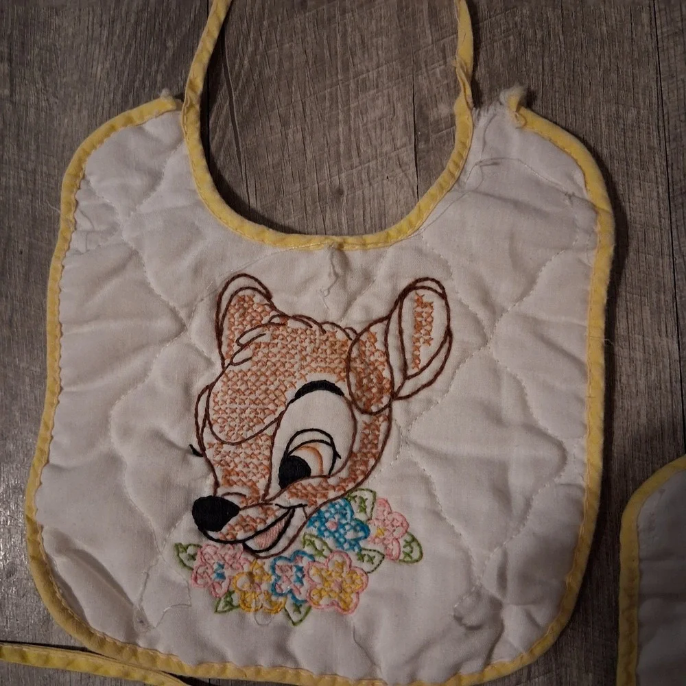 Vtg Disney Embroidered Cross-stitch Baby Bibs-Bambi Thumper Squirrel Lot Of 3‎